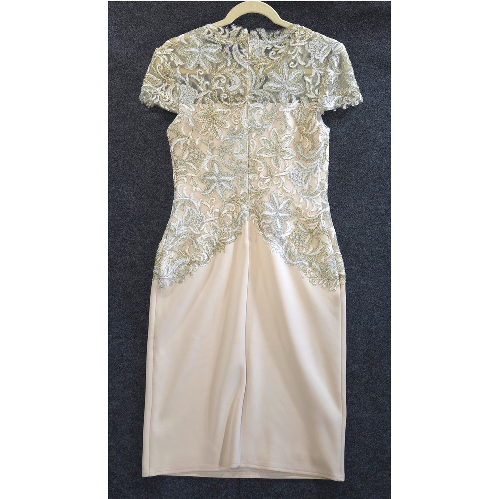 Tadashi Shoji Glam Lace Embroidered Cocktail Dress 6 Champagne Gold Silver Luxe - Picture 9 of 11